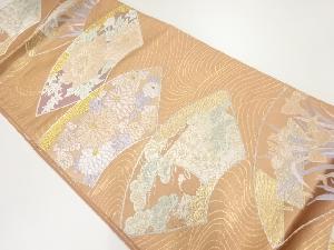 サービス品　リサイクル　地紙に牡丹・菊模様織出し袋帯